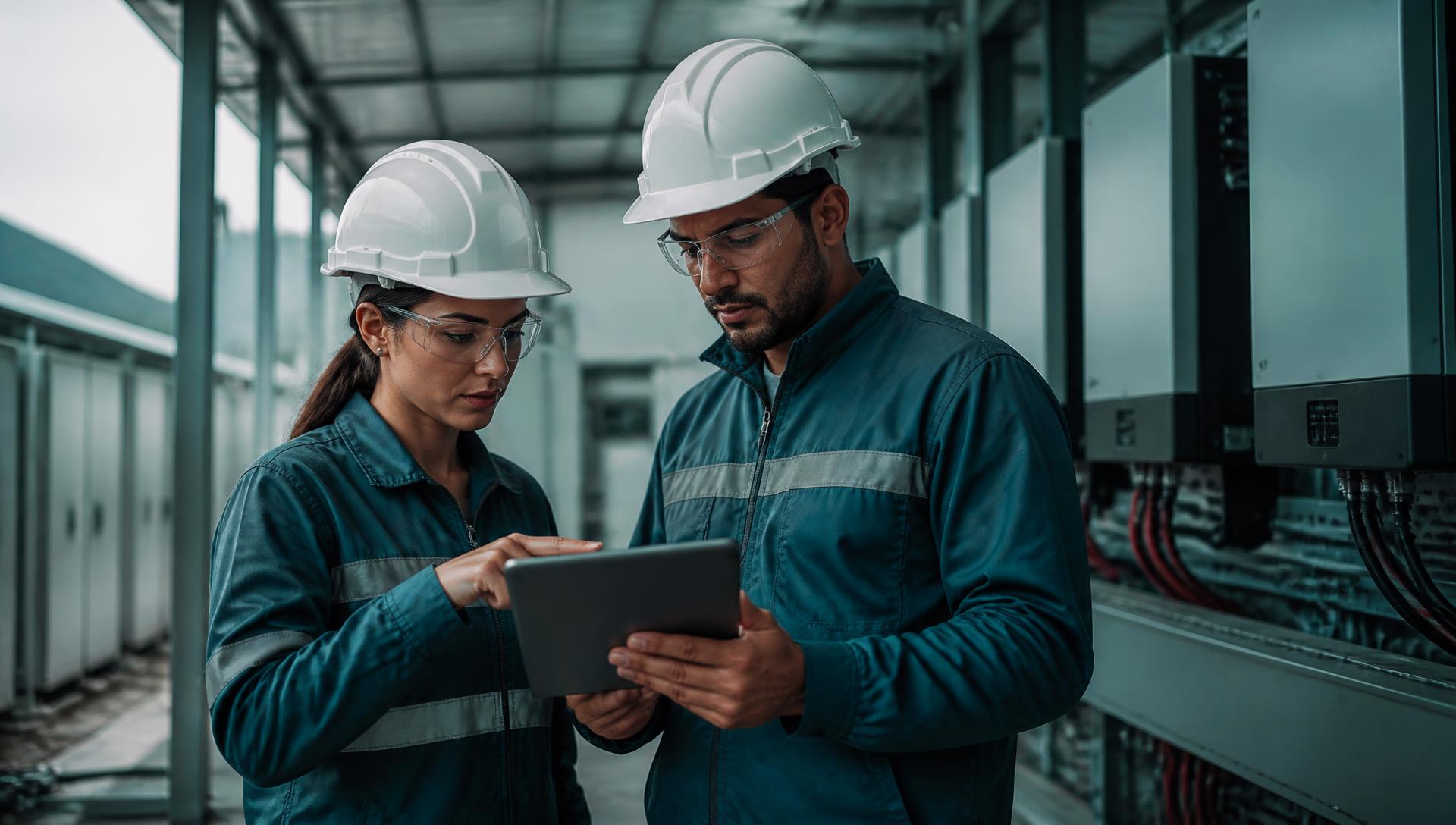 Engenheiros analisando um projeto de energia em subestação industrial
